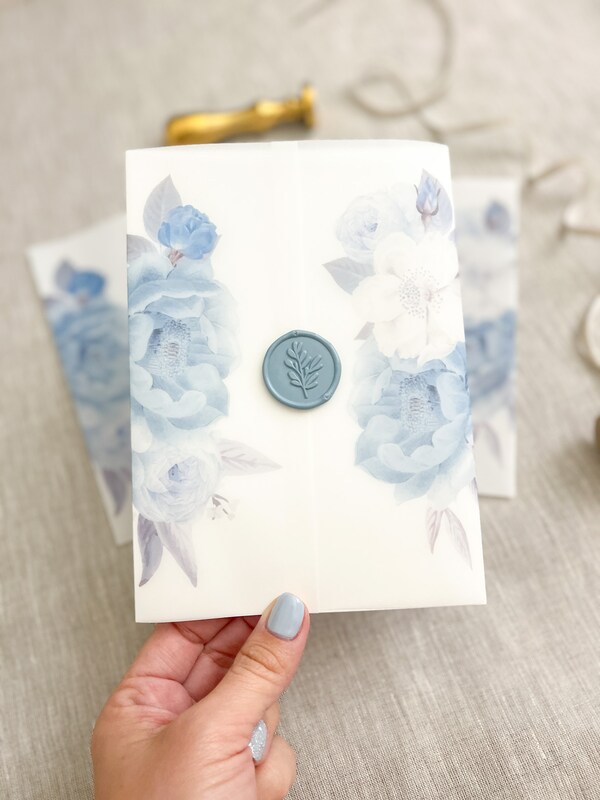 Blue floral vellum wraps for invitation, Vellum jacket, Wedding invitation,  floral vellum, vellum paper, floral vellum for invitations